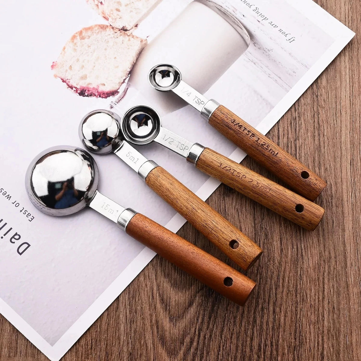 4/8pcs Stainless Steel Measuring Cups Spoons Wooden Handle