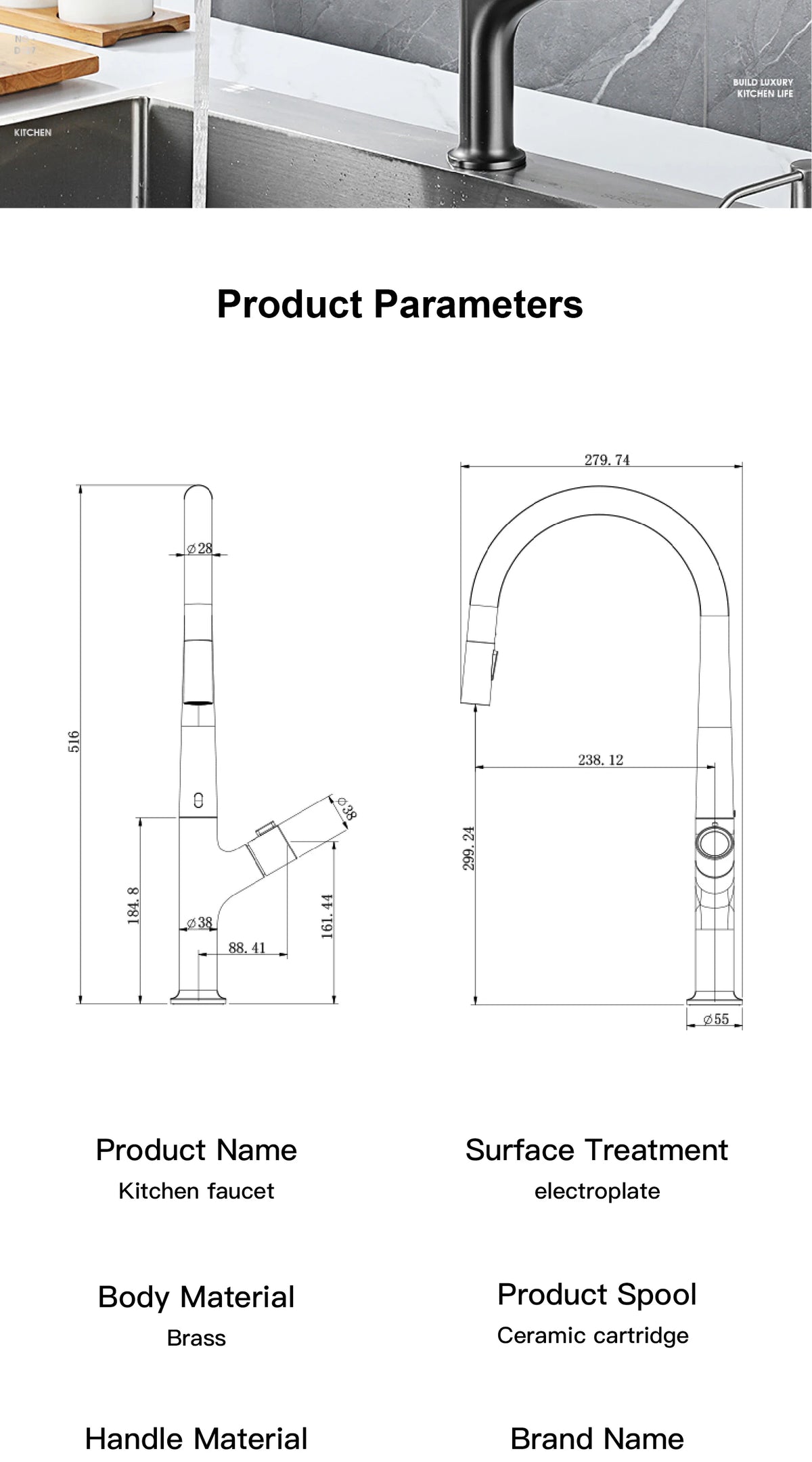 Modern Style Gun Gray Pull-Out Faucet Handle &Cold