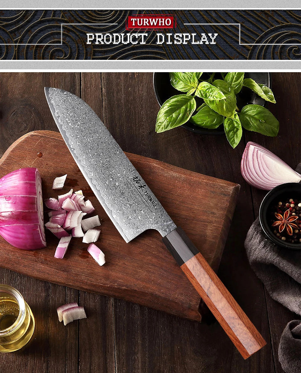Turwho Santoku Knife Damascus Steel Chef Knives Sharp