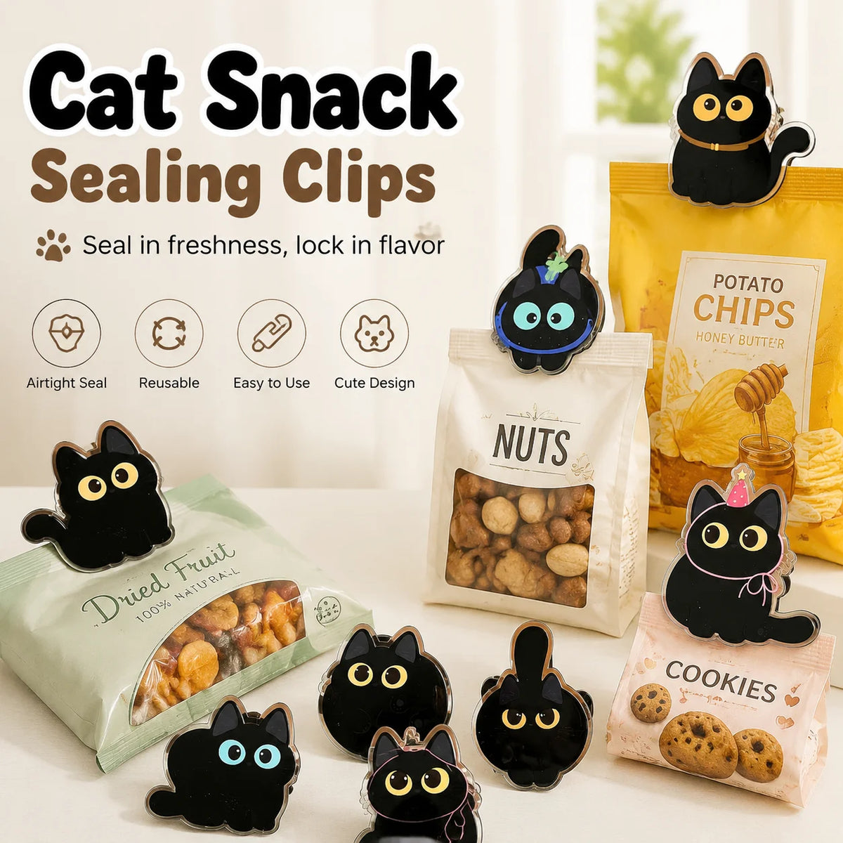 8pcs Cute Black Cat Bag Clips Food Storage