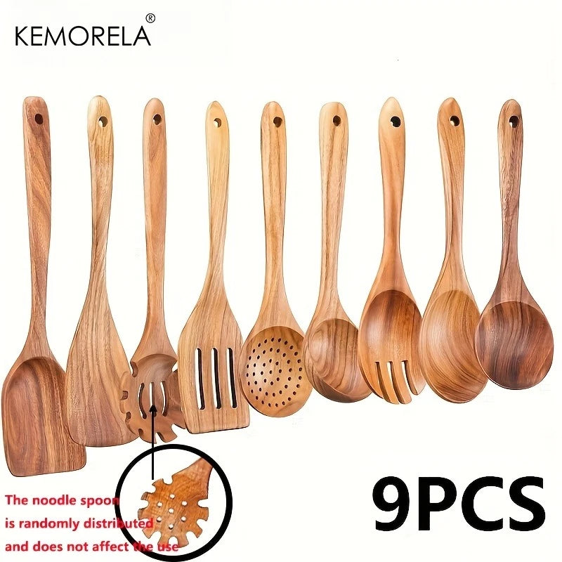9pcs Acacia Wood Utensils - Natural Wood Cooking