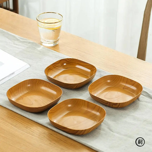 10pcs Japanese-Style Plastic Dish Simple Imitation Wood Grain