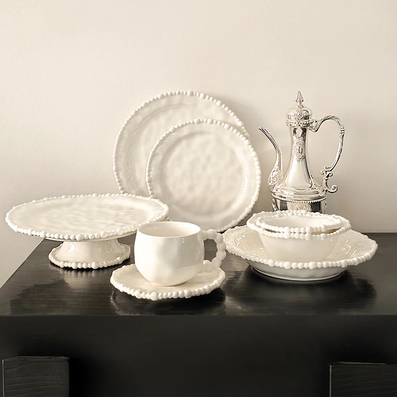 White Beaded 10 Ceramic Dinnerware Shallow Plates Scratch