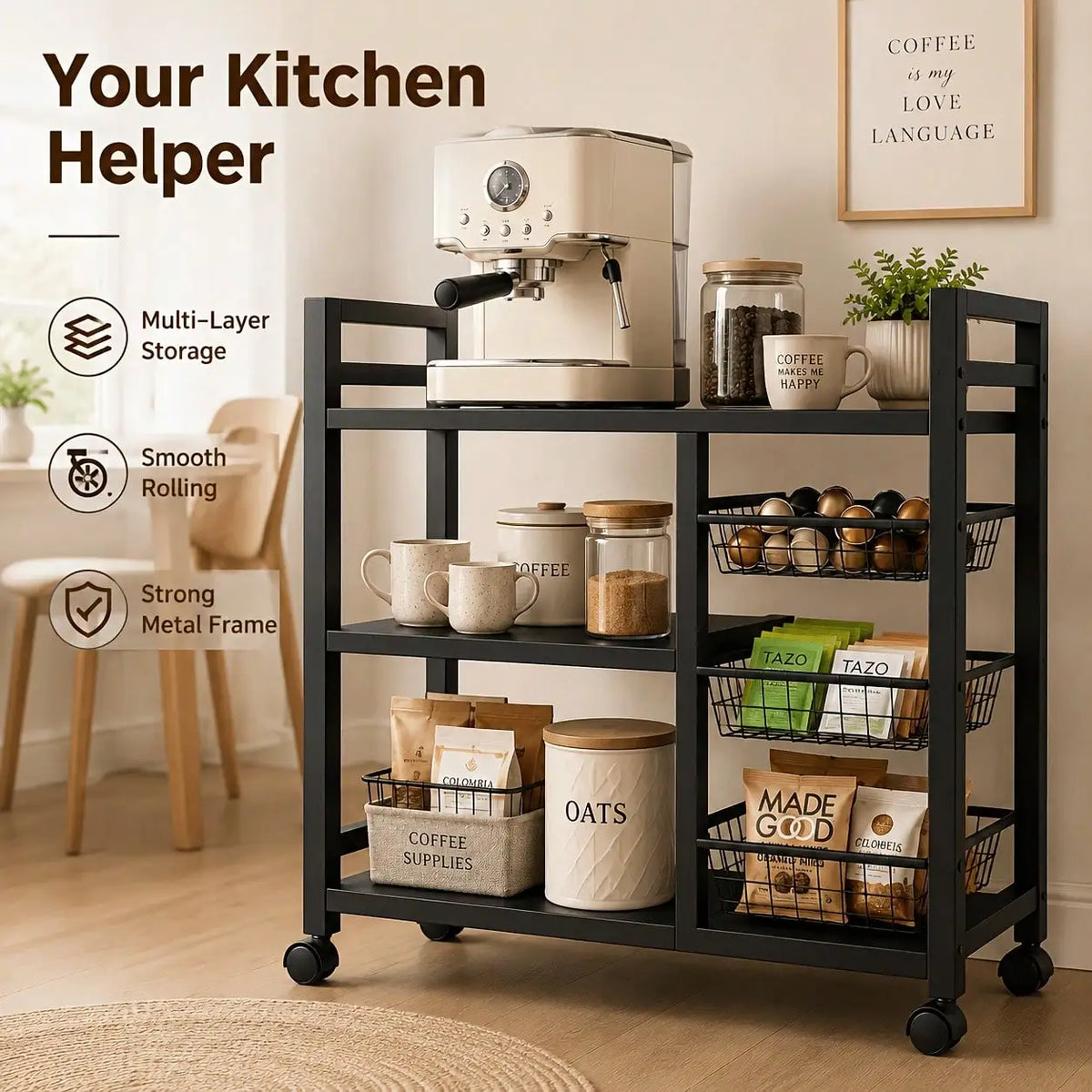 Mobile Storage Rack Adjustable 4-Tier Shelving Unit Wire