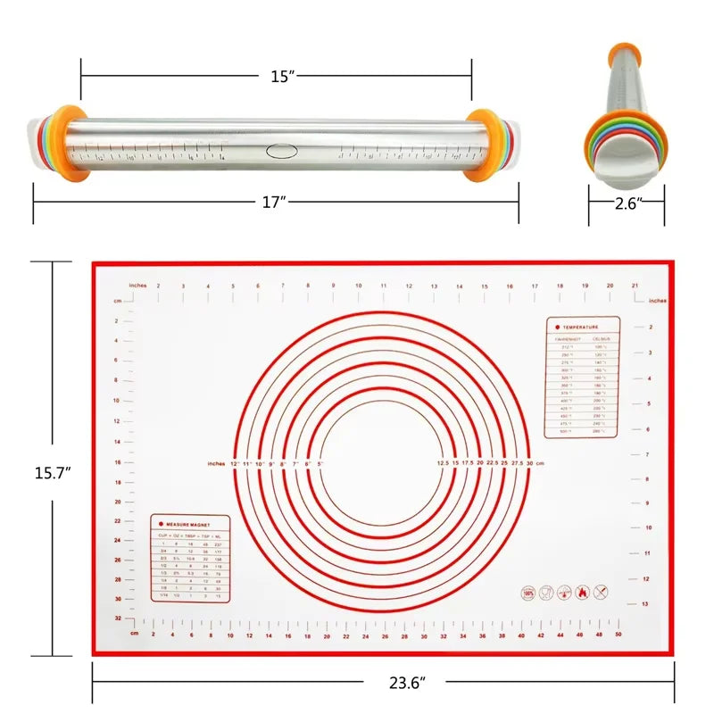 17inch Rolling Pin Pastry Baking Mat Stainless Steel