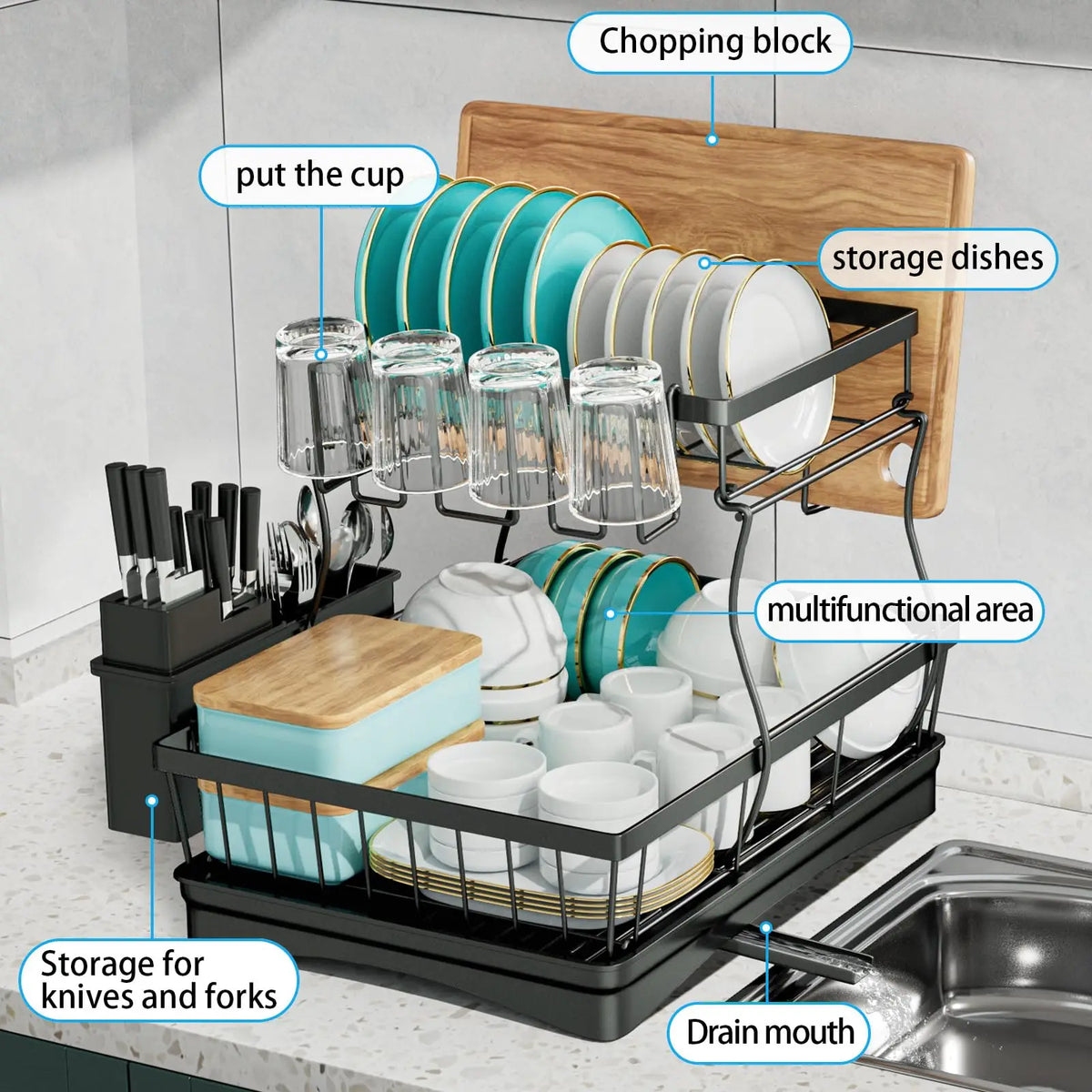 Large 2-Tier Dish Drying Rack Countertops Removable