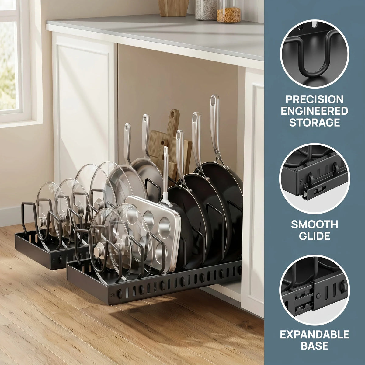Pull Out Cabinet Storage Organizer Sliding Pot Lid