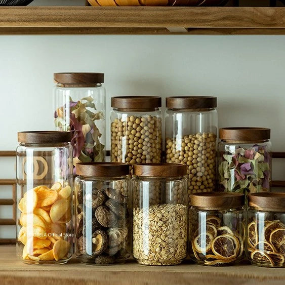 Wood Lid Glass Airtight Canister Storage Bottles Jars