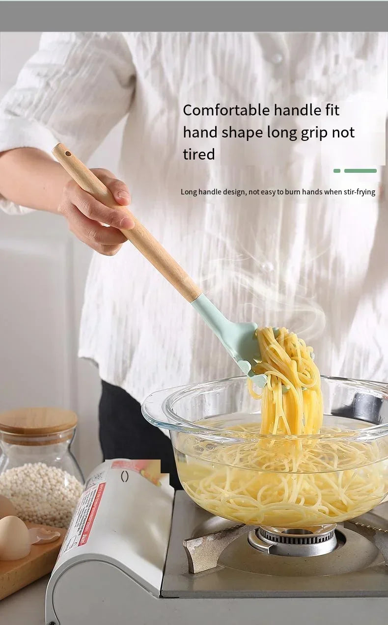 12pcs Of Multi-Color Silicone Wooden Handle Kitchenware Non