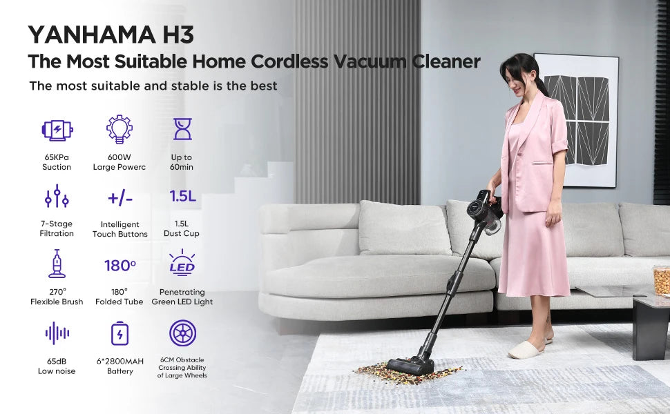 Yanhama 65kpa/600w 180 Foldable Cordless Vacuum Anti-Tangle Brush