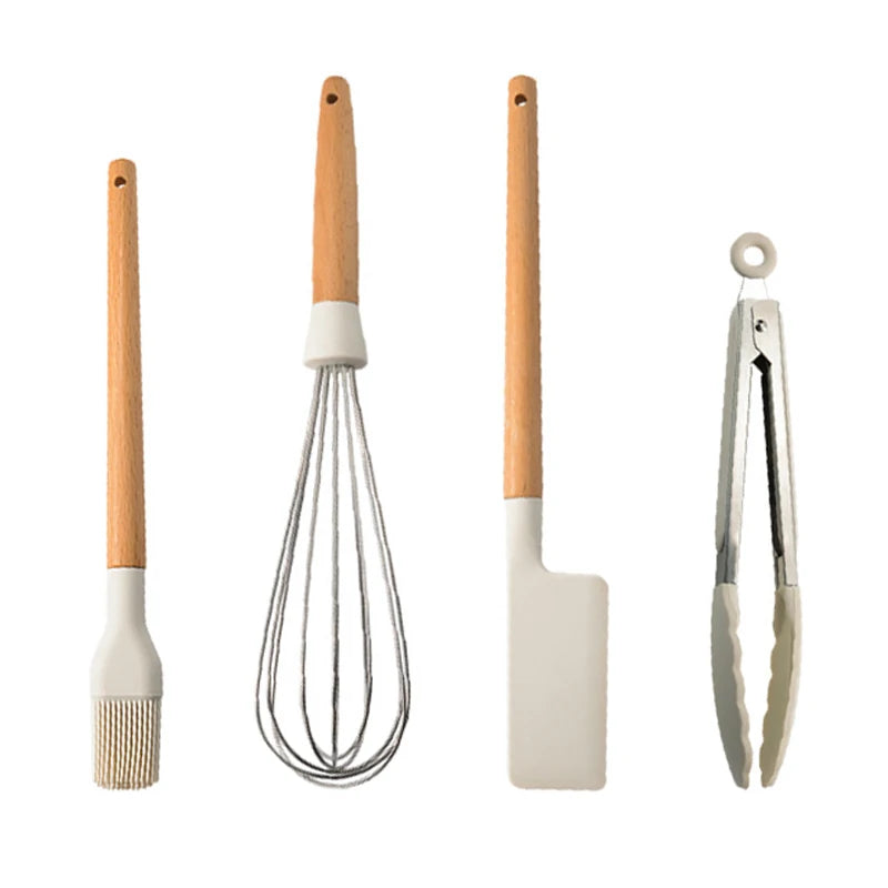 White Silicone Wooden Handle Soup Spoon Spatula Brush