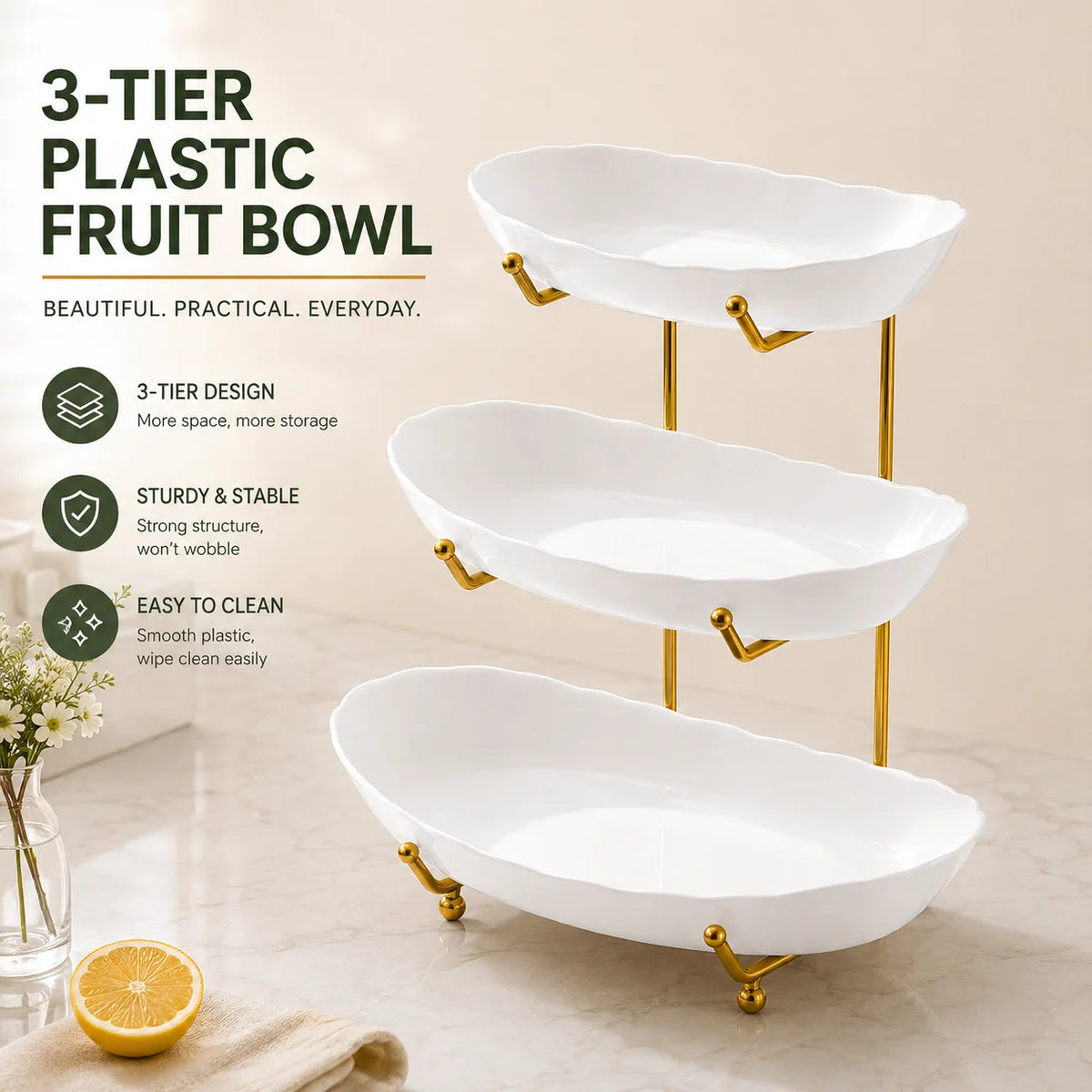 2/3-Tier Plastic Fruit Bowl Stand Metal Frame Large