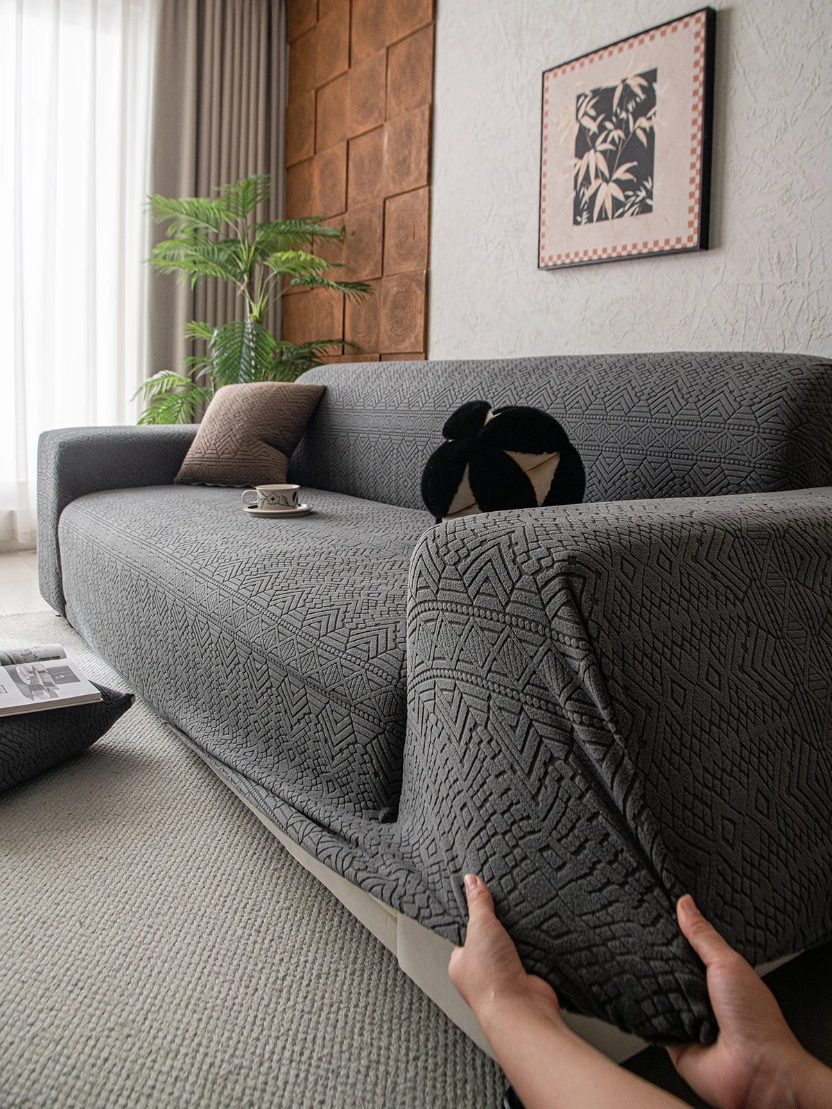 Polar Fleece Jacquard Sofa Cover Geometric Pattern High