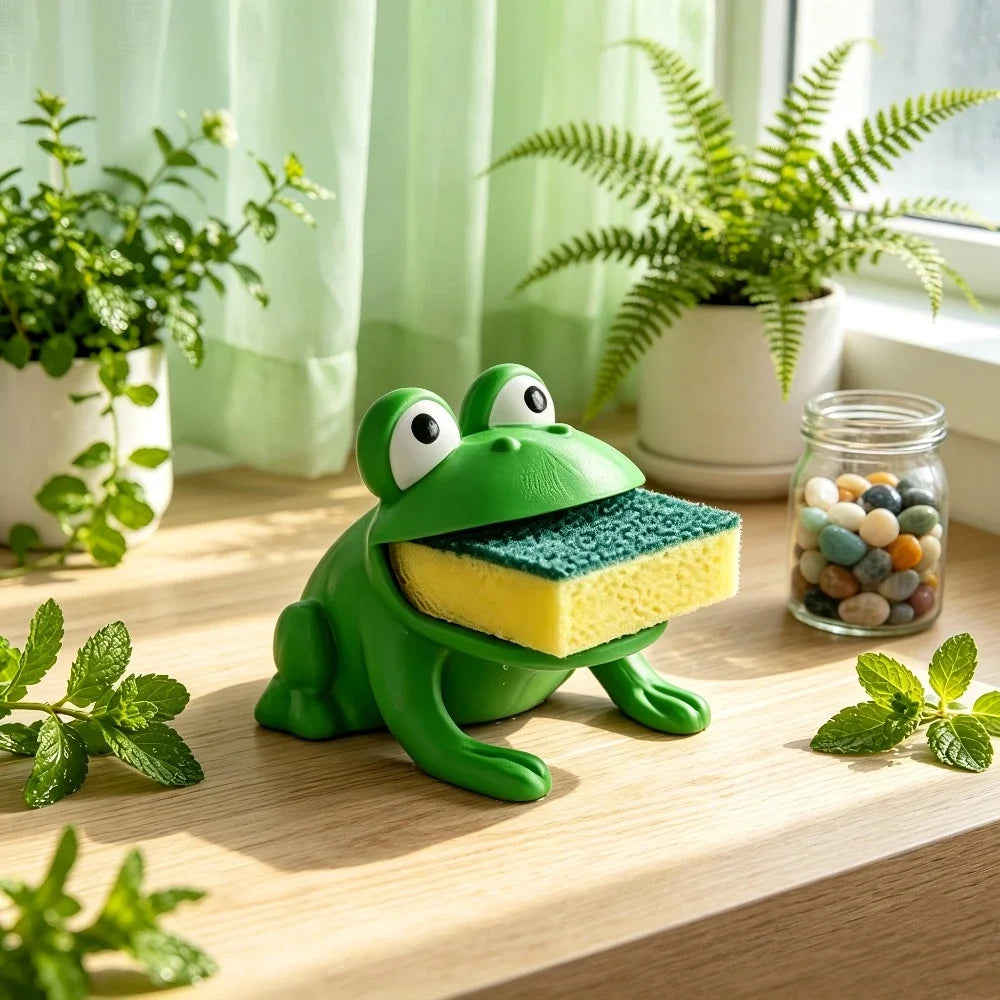 Frog-Shaped Sponge Dishwashing Brush Holder Drainage System