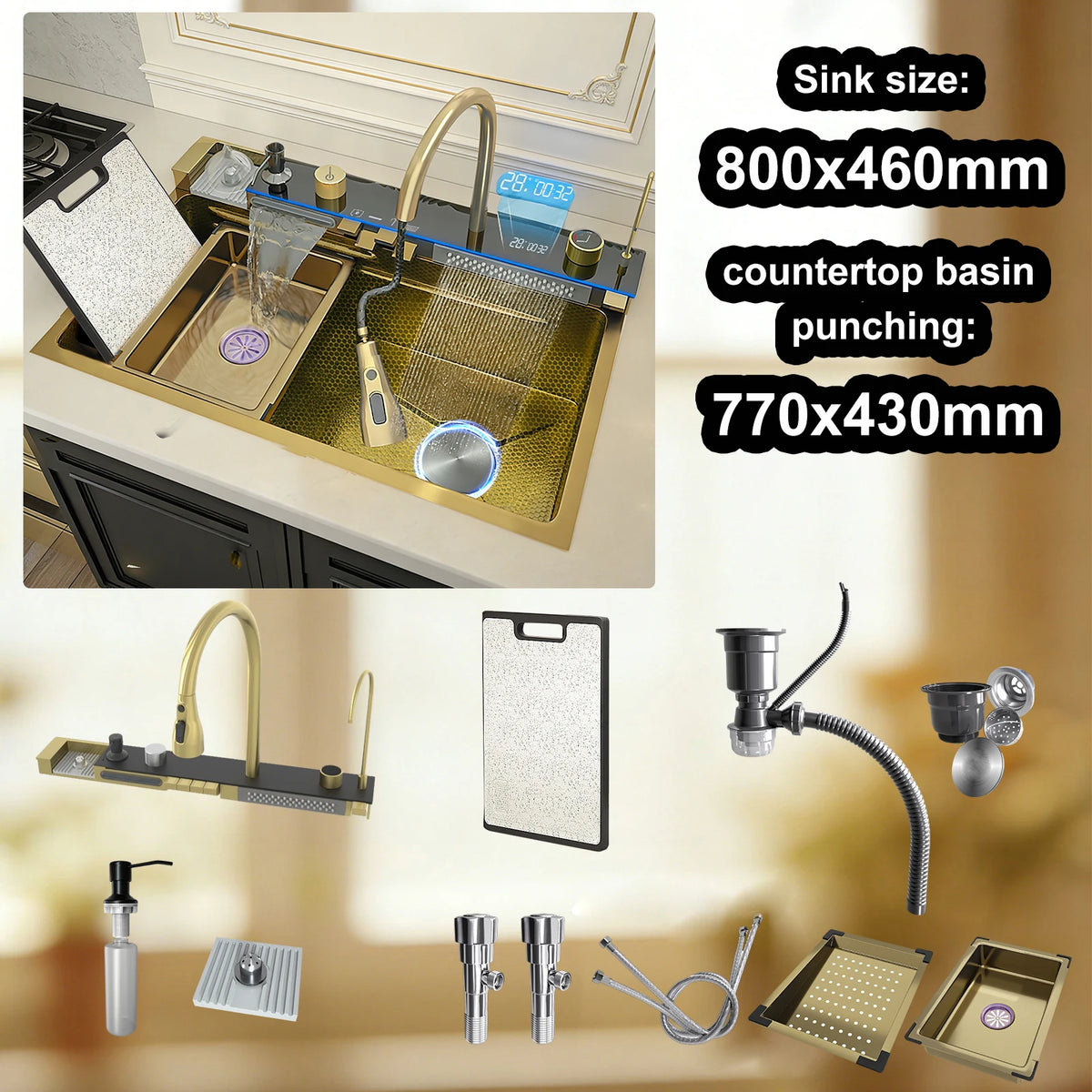 Stainless Steel Sink Digital Display Waterfall Large Slot