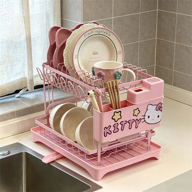 Cute Hello Kitty 2-Tier Dish Drying Rack Drain