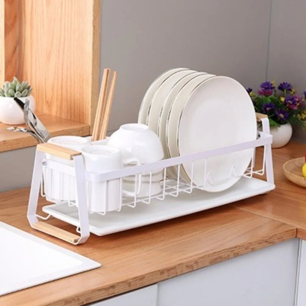 Detachable Dish Rack Wooden Handle Metal Frame Organizer