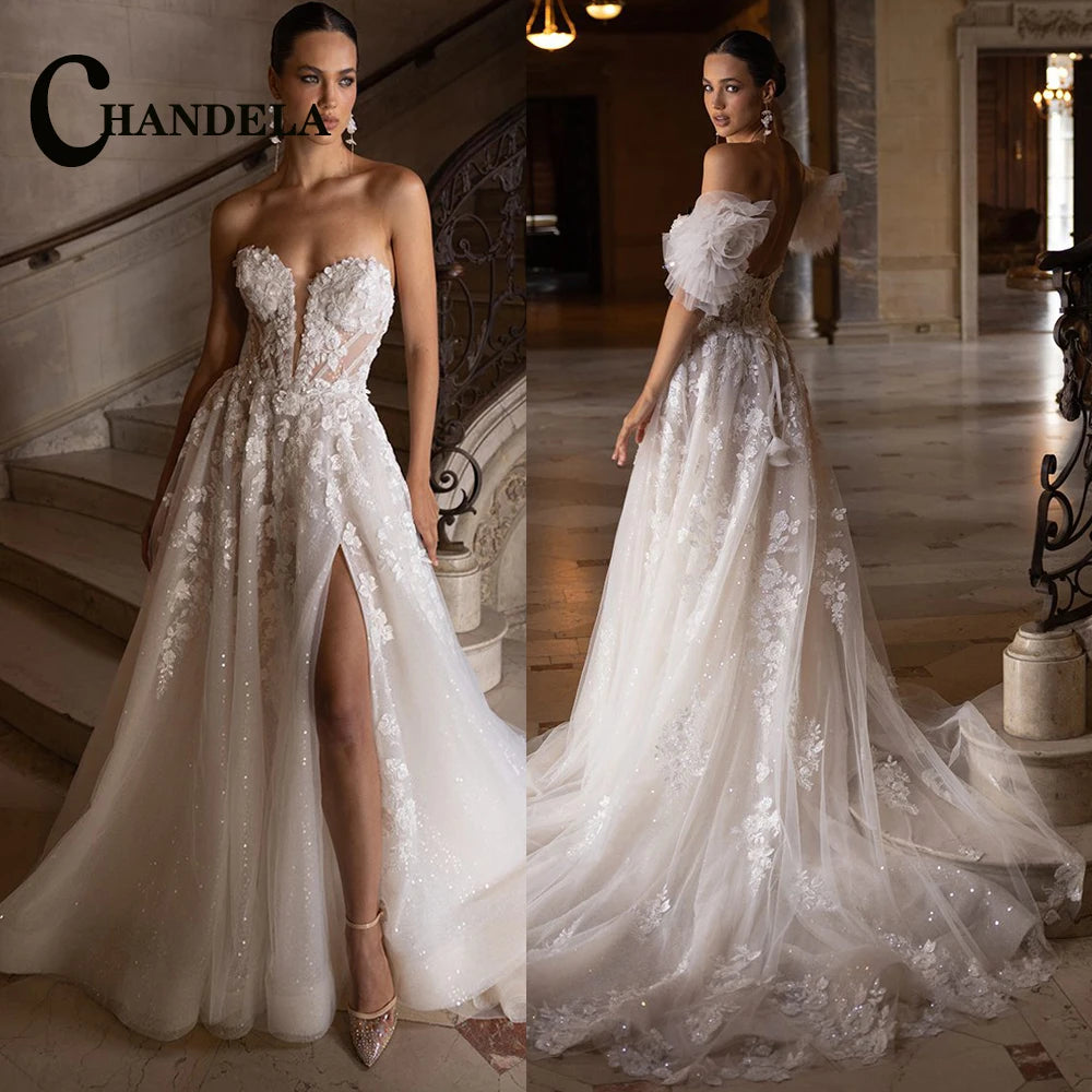 Chandela Bling Neck Wedding Dresses Woman Bride Detachable