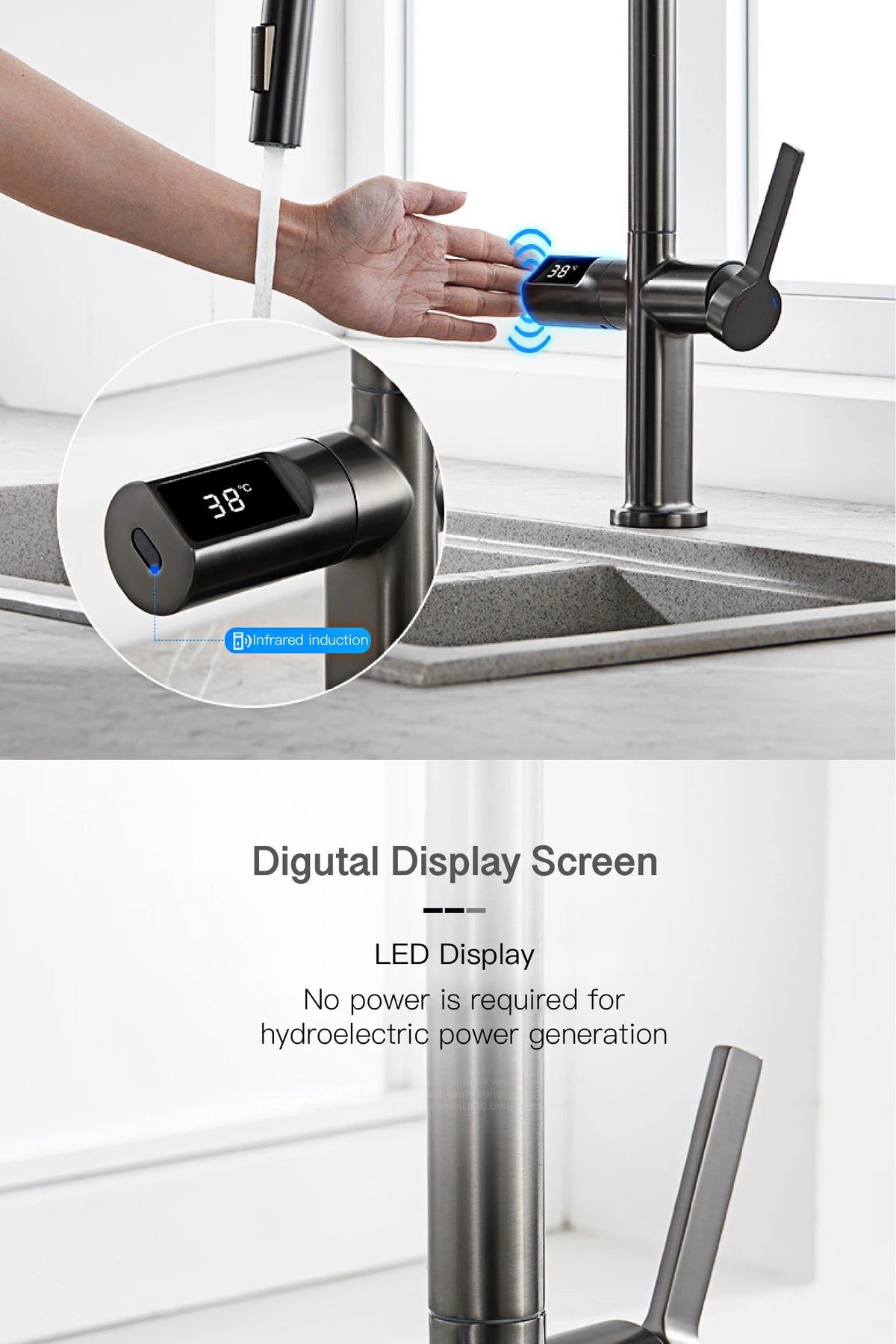 Luxury Brass Gun Gray Faucet Led Digital Sensing