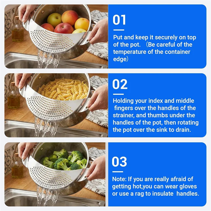 Stainless Steel Pot Strainer Colander Handle Held Crescent