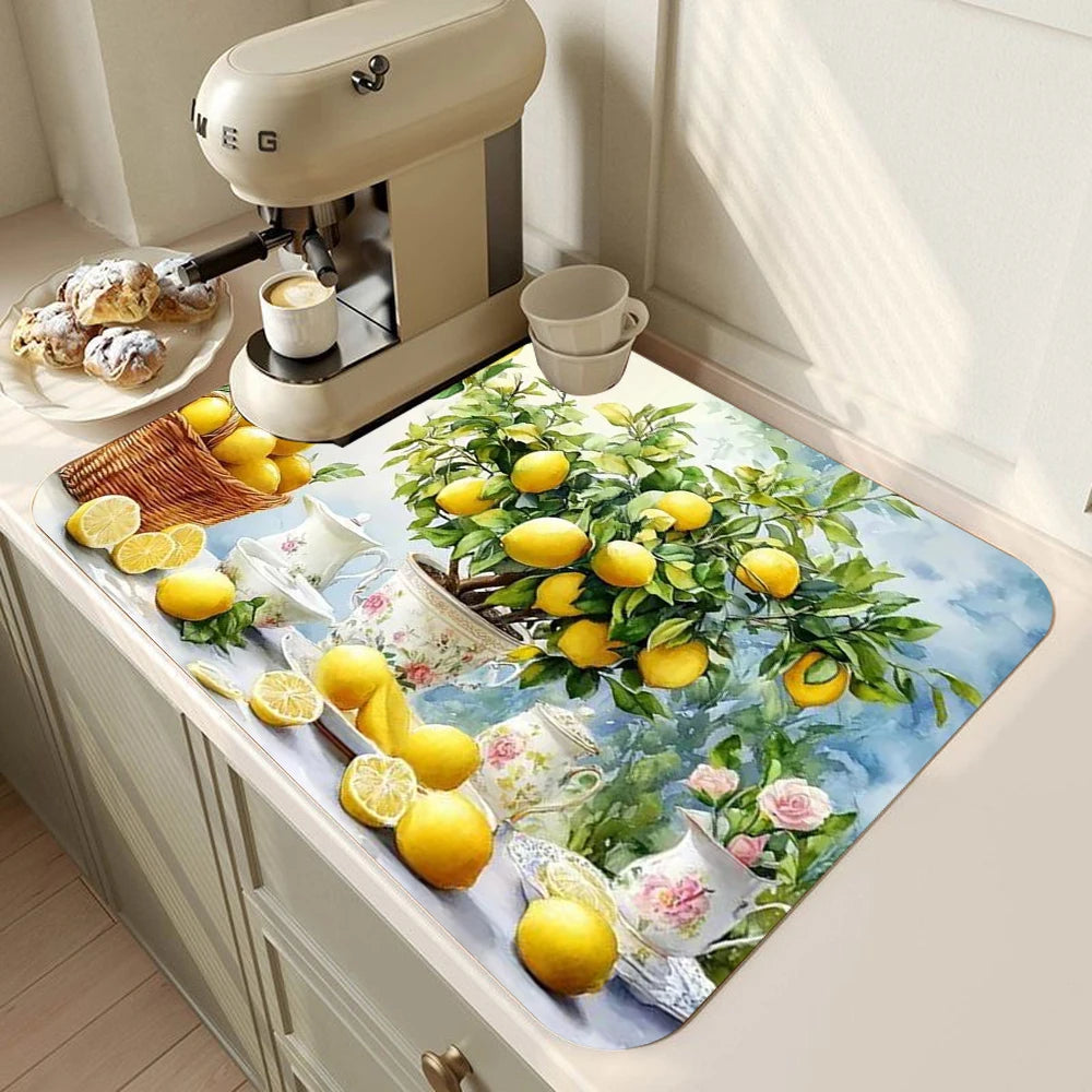 Lemon Printed Tableware Drying Mat Drain Pad Non-Slip