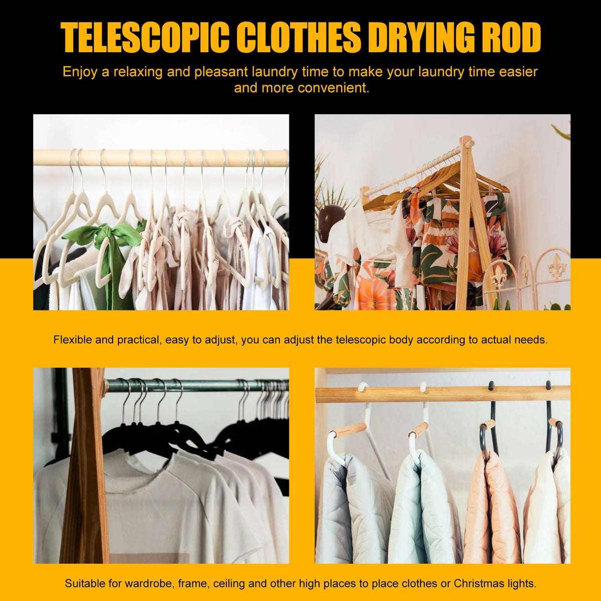 Silver Adjustable Telescopic Clothesline Pole Closet Hanger