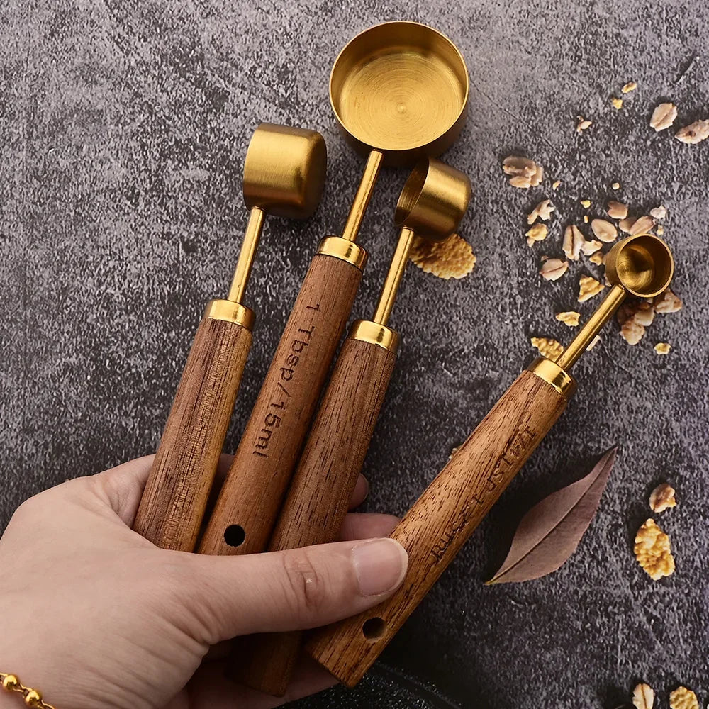 1/4/8pcs Gold Wooden Handle Stainless Steel Measuring Cups