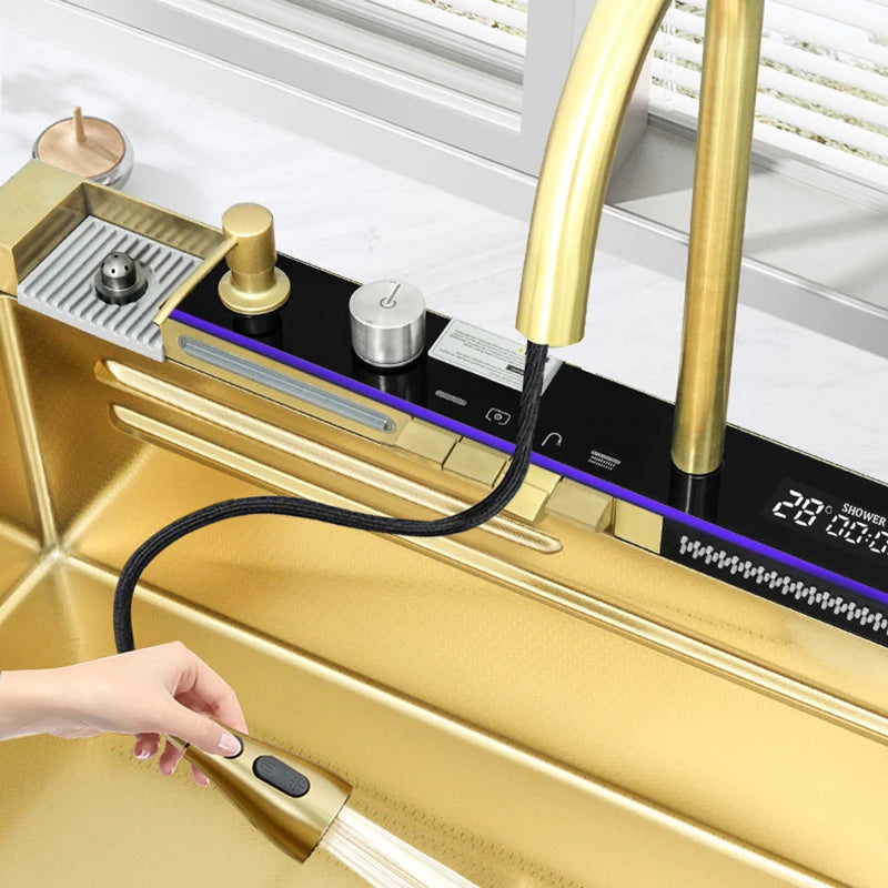 Golden Stainless Steel Sink Double Waterfall Digital Display