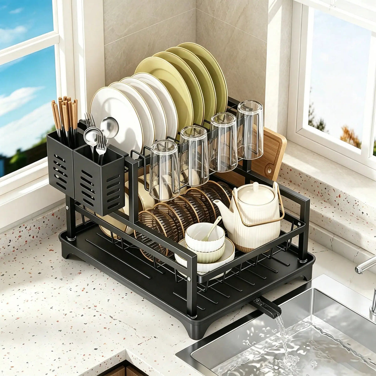 Tier Dish Drying Rack Drain Tray Large Countertop