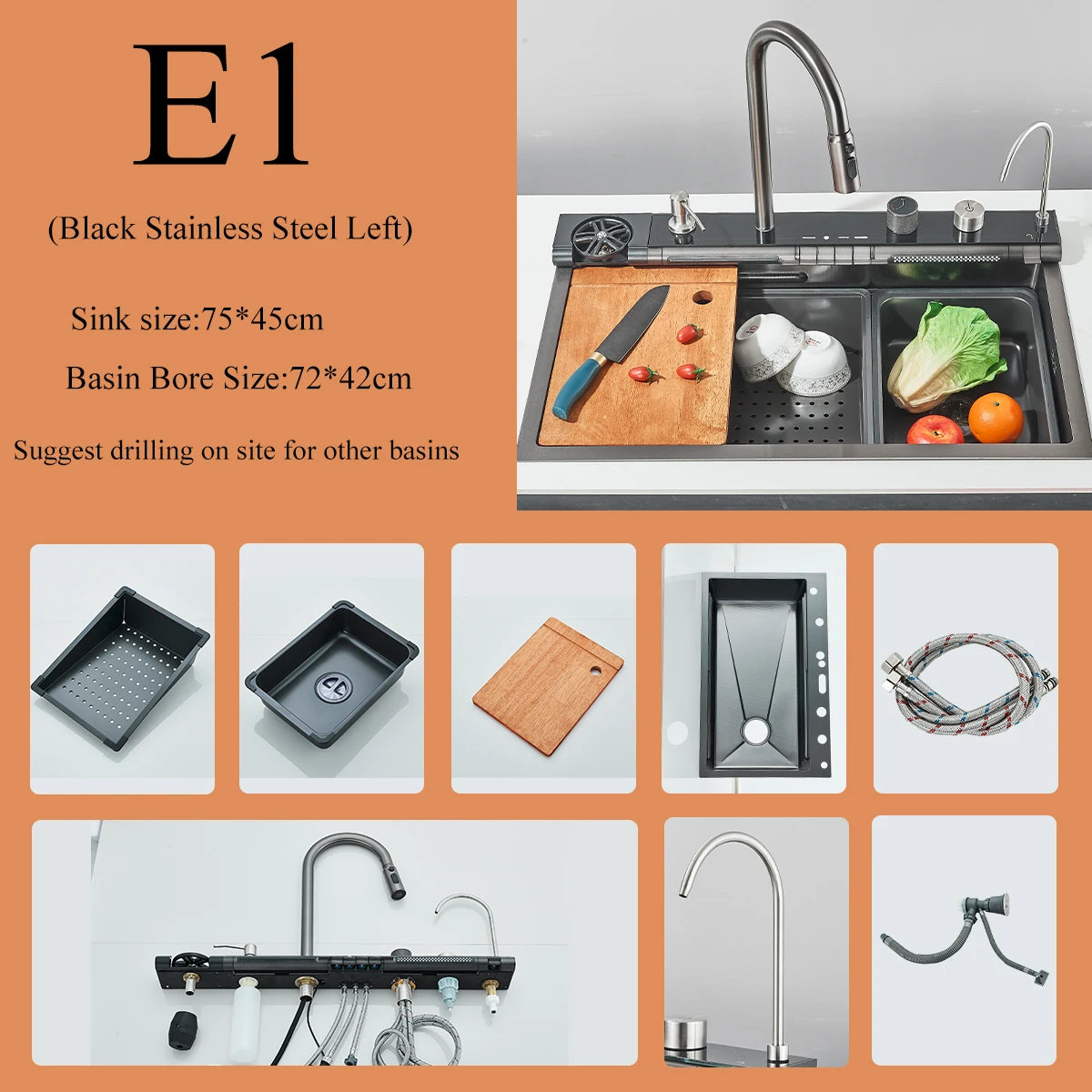 Stainless Steel Waterfall Sink Digital Display Large Sink