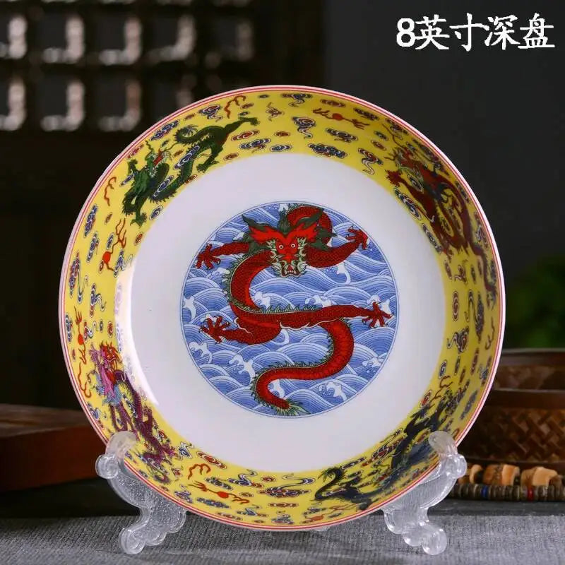 Ceramic Dragon Dish Chinese Bone Porcelain Deep Flat
