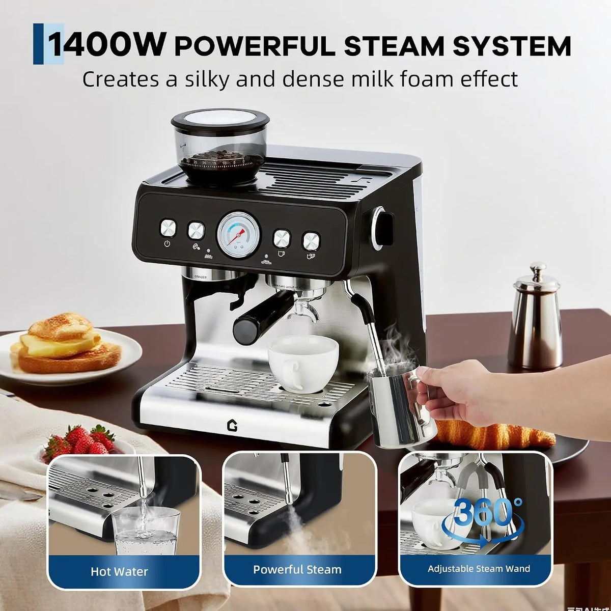 Espresso Machine Grinder 20 Bar Stainless Steel Pressure