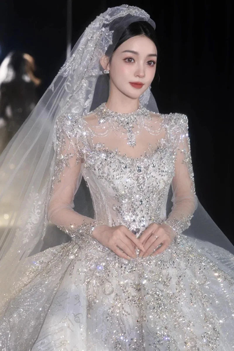 Full Sleeve Wedding Dresses Shinny Wedding Dress Classic