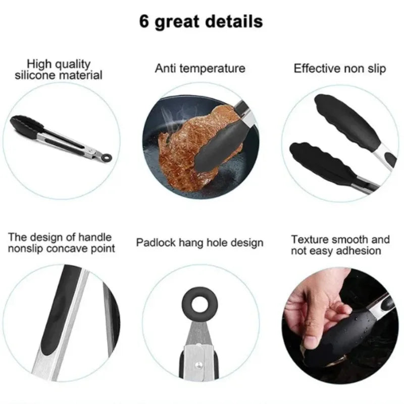 9-Inch Silicone Food Tongs Grill Stainless Steel Food