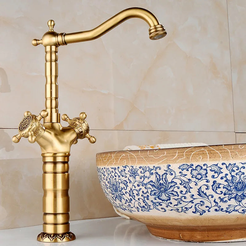 Tuqiu Antique Brass Bathroom Faucet Carved Deck Mounted