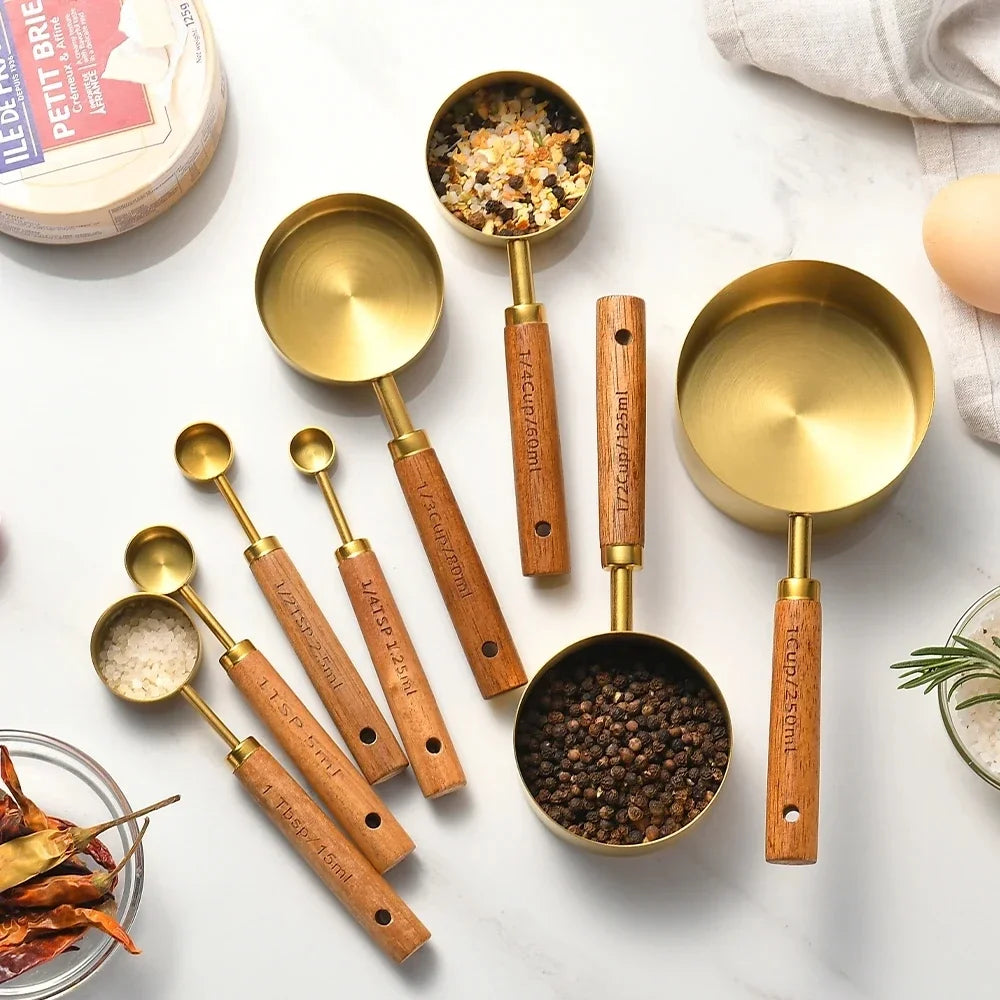 4/8pcs Stainless Steel Measuring Cups Spoons Wooden Handle