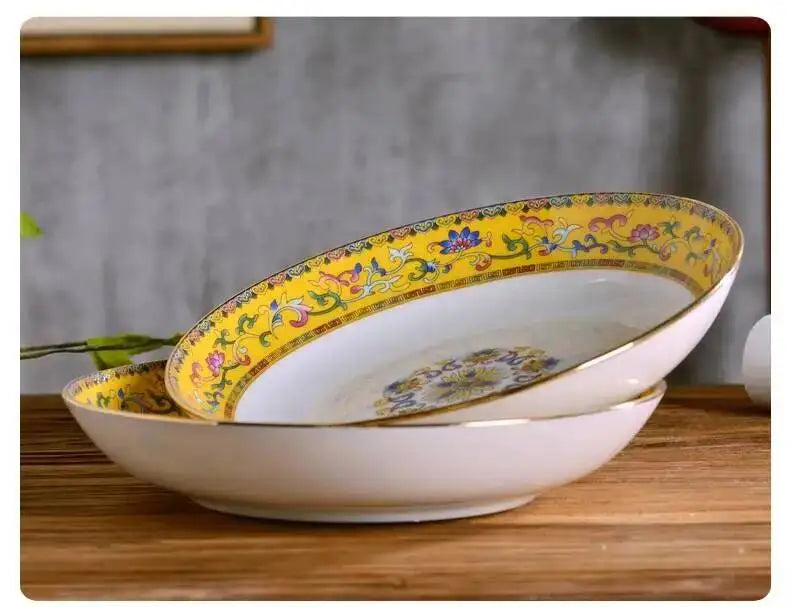 Gold Border Enamel Deep Plate Chinese Bone China