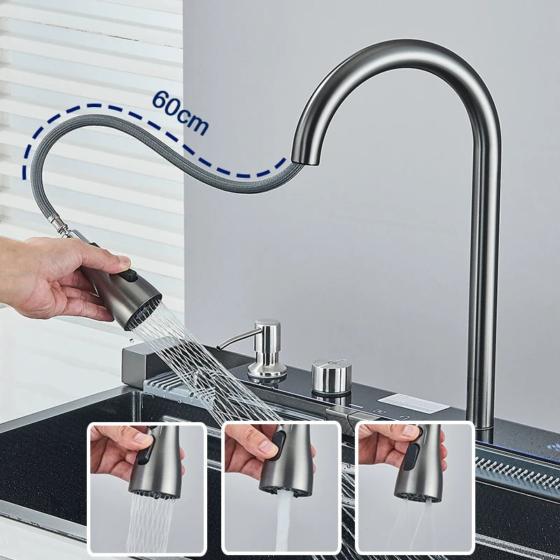 Stainless Steel Sink Faucet Digital Display Large Bowl
