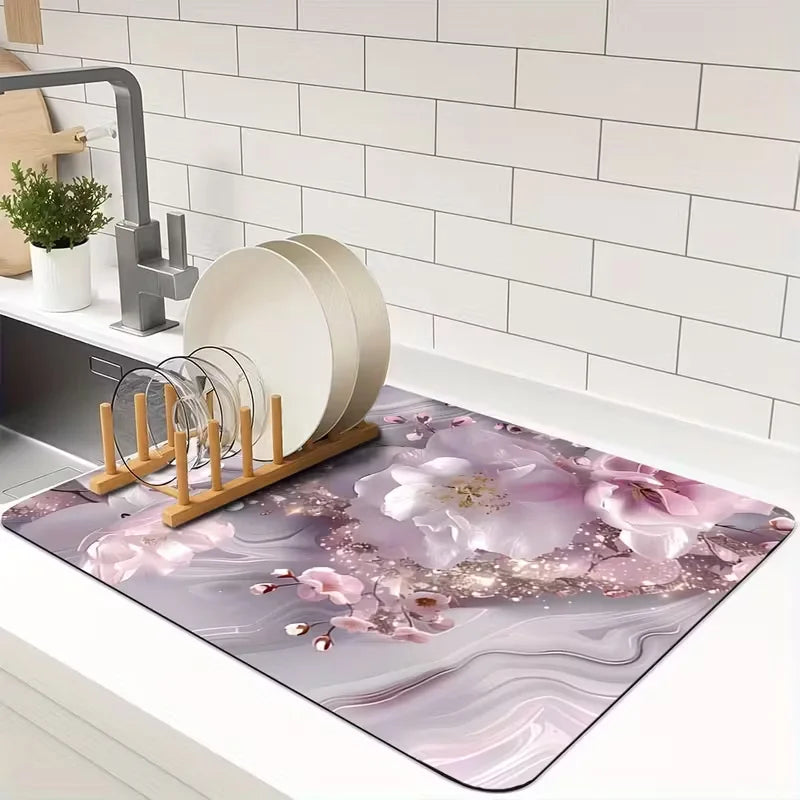 Romantic Pink Bow Floral Print Counter Drying Mat