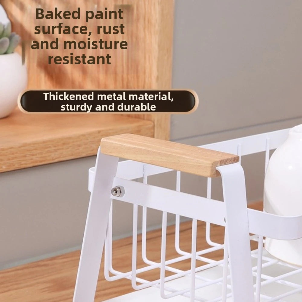 Detachable Dish Rack Wooden Handle Metal Frame Organizer