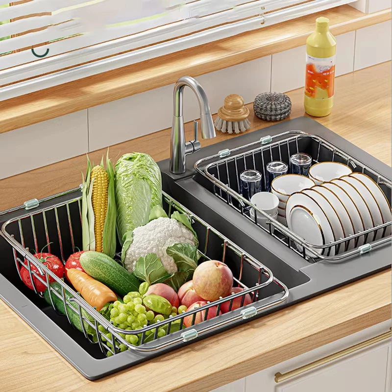 Adjustable Drain Baskte Stainless Steel Sink Tableware Rack