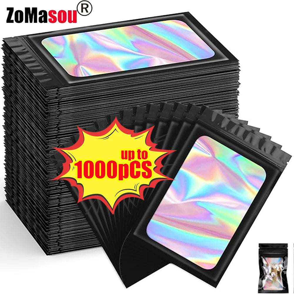 1000/10pcs Holographic Ziplock Bags Plastic Laser Iridescent Zip