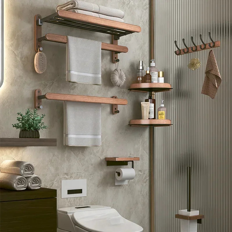 Walnut Wood Black Bathroom Hardware Bathroom Towel Rack