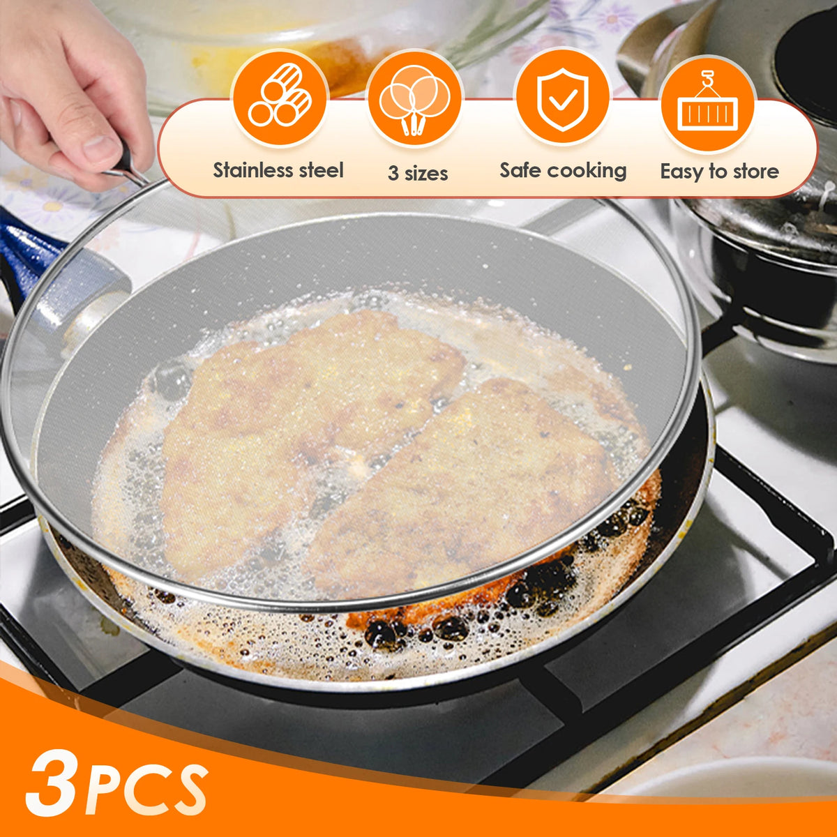 3pcs Stainless Steel Anti Splatter Guard Oil Net