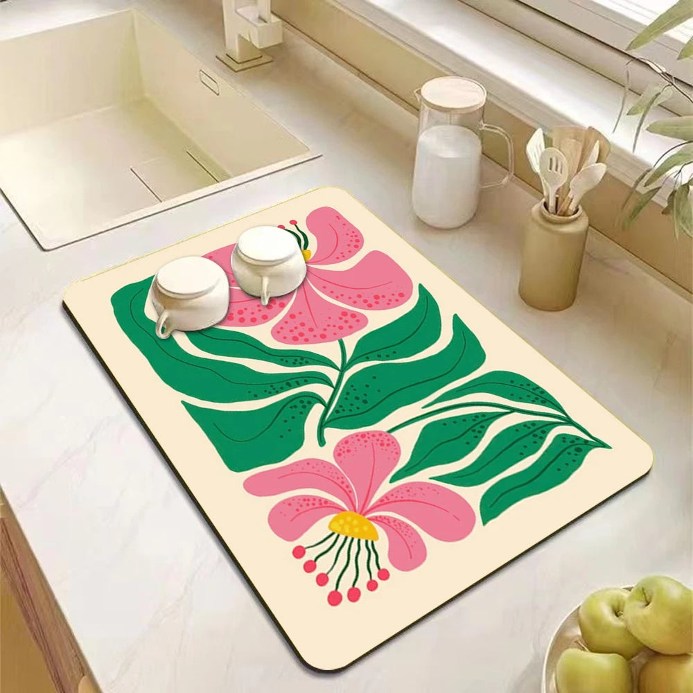 Abstract Floral Art Absorbent Drain Pad Mats Dish
