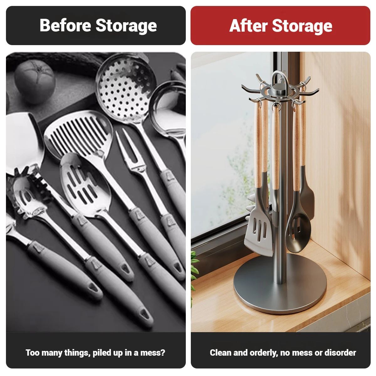 Utensil Stand Rotating Storage Hanger Hooks Countertop