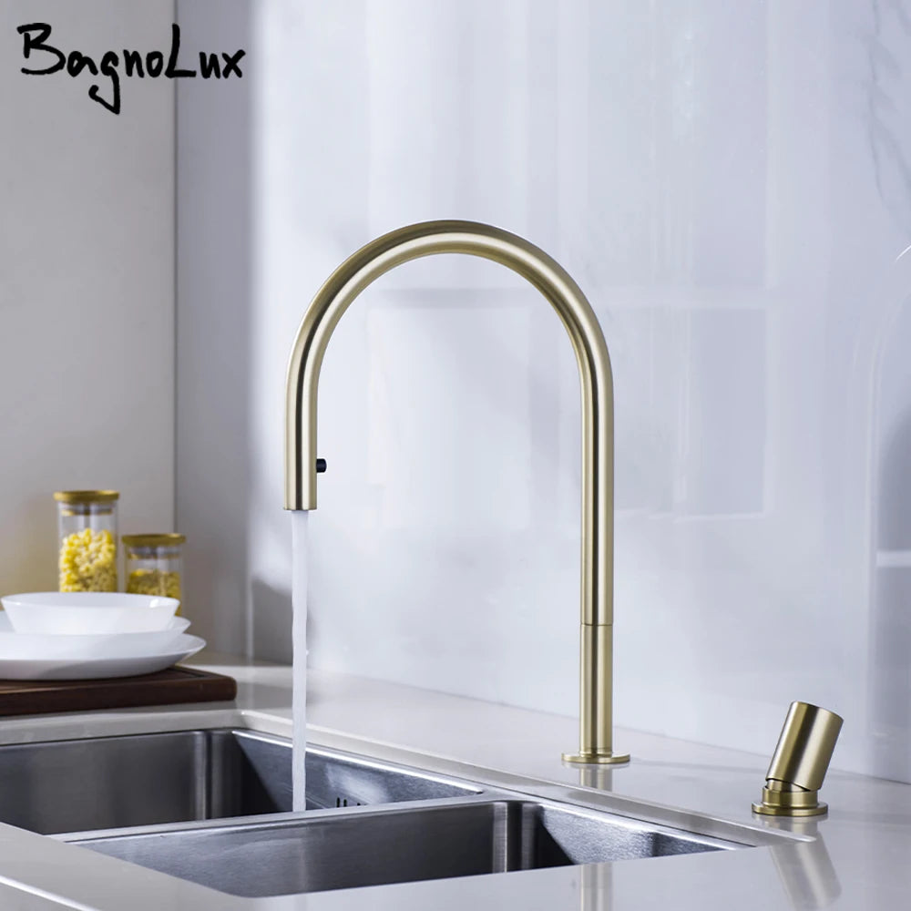 Brushed Gold Faucet Invisible Pull Out Spray Mixer