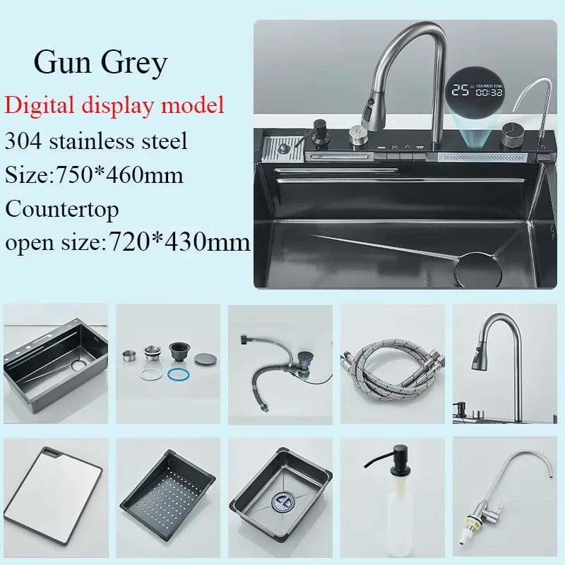 Stainless Steel Waterfall Sink Large Slot Integrated Digital
