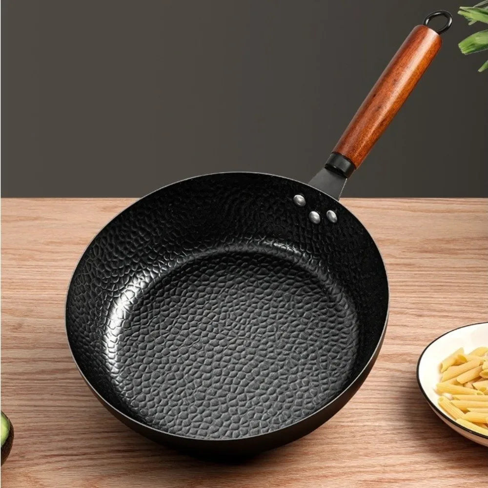 Hand Forged Cast Iron Pan Wooden Handle Uncoated