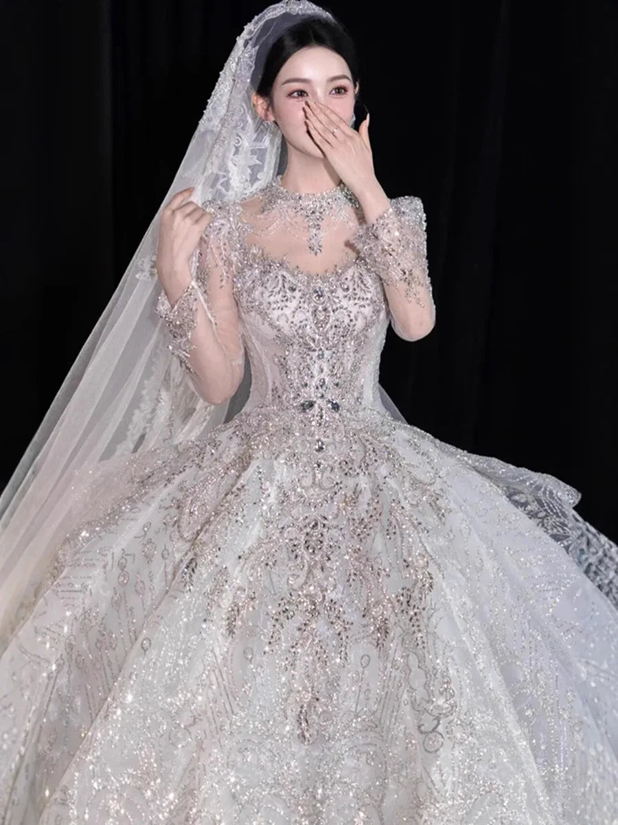 Full Sleeve Wedding Dresses Shinny Wedding Dress Classic